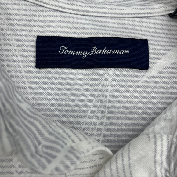 Tommy Bahama Polo Tropical Short Sleeve Shirt Gray & White Stripe Leaf Print XL - Picture 3 of 4